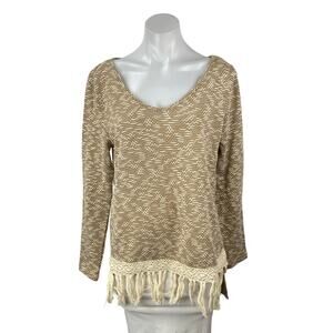 Entro Women's Beige Patterned Fringe Tassels Long Sleeve Bohemian Sweater Top S